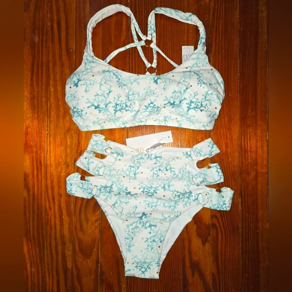 Venus swimsuit bikini white and aqua coral foil gold dots medium high-waisted - Picture 1 of 9